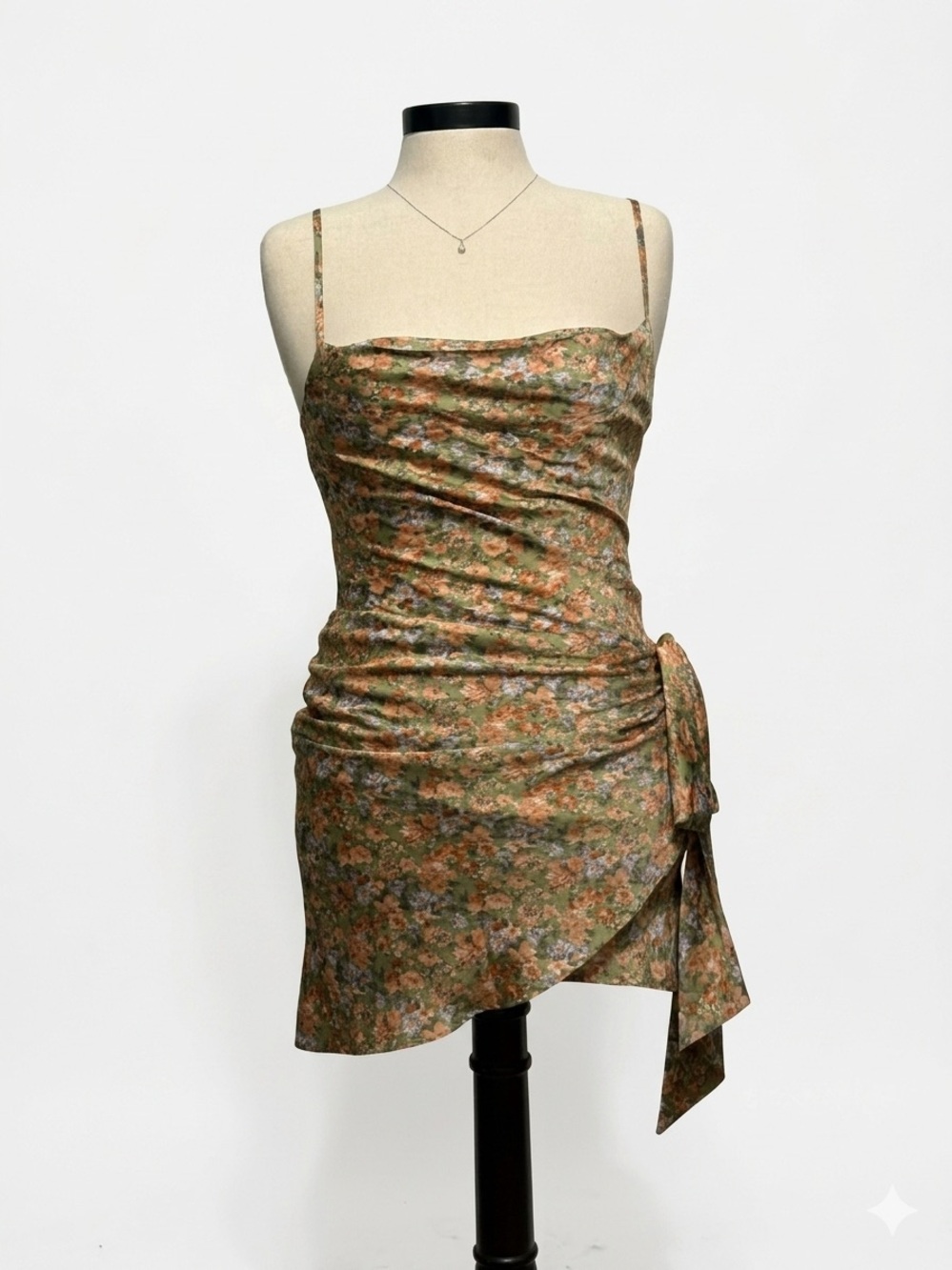 Edit by Nine Green Floral Faux Wrap Ruched Satin Mini Dress M